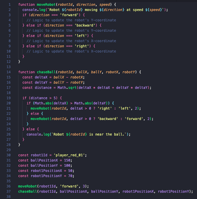 JavaScript code editor interface for programming player behavior in CANCHA!