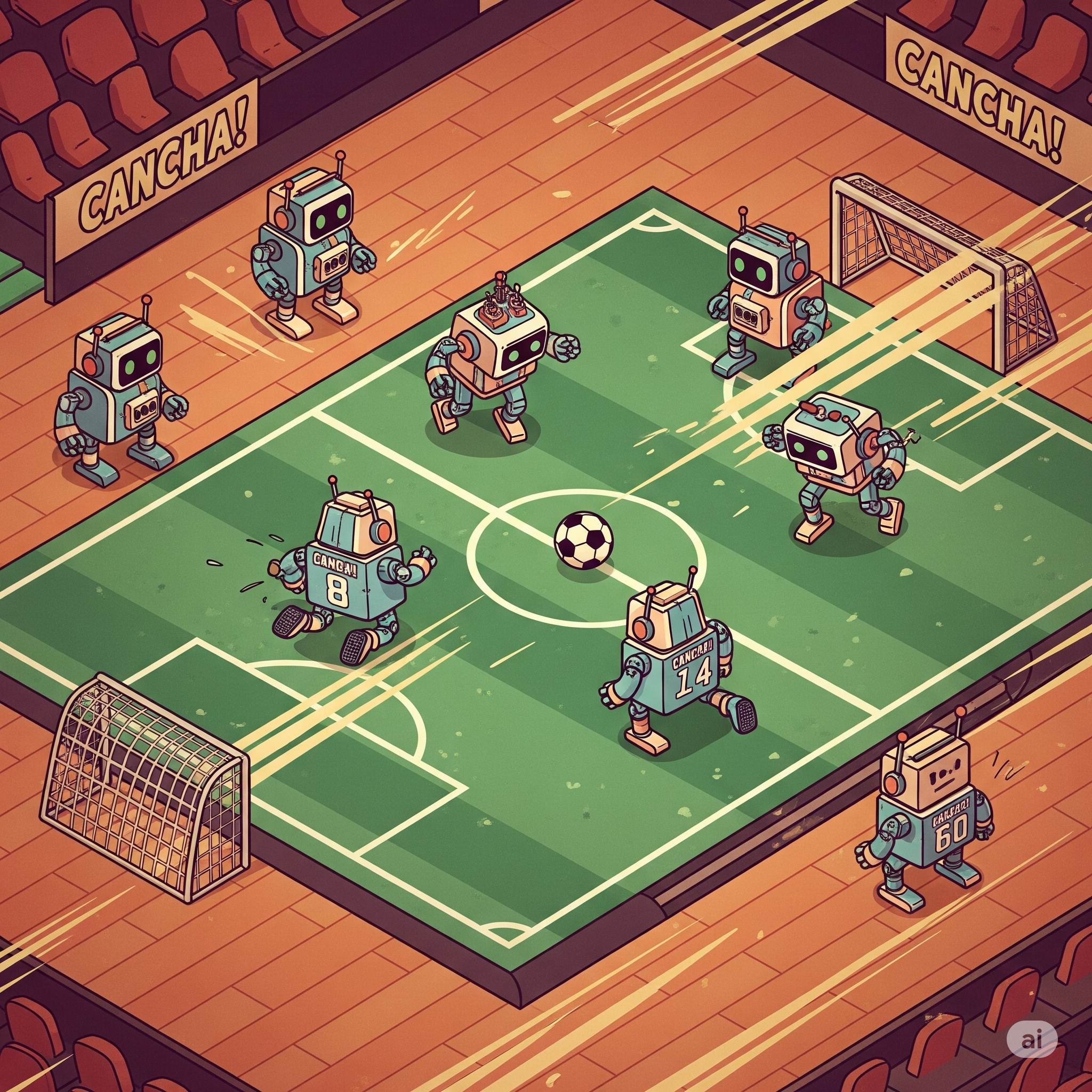 Virtual football match simulation in CANCHA! with robot players on a soccer field